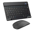 Black portable wireless keyboard and mouse combo with a slim aluminum design for multi-device use