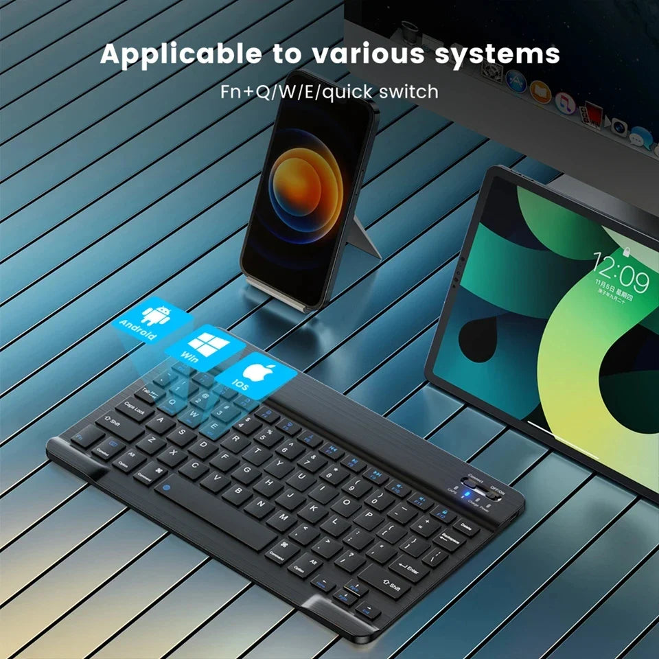 Black portable wireless keyboard and mouse combo with a slim aluminum design for multi-device use — view 3
