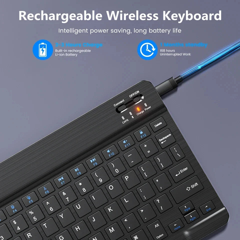 Black portable wireless keyboard and mouse combo with a slim aluminum design for multi-device use — view 4