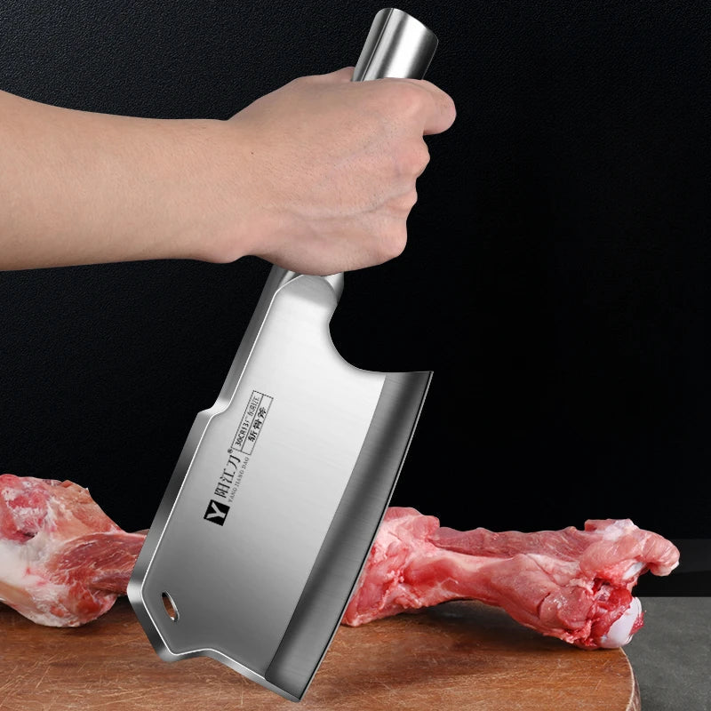 Heavy-duty forged stainless steel bone cutting cleaver with an ergonomic black and silver handle — view 3