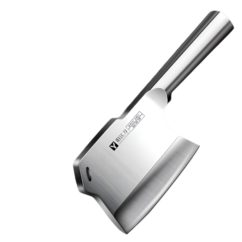 Heavy-duty forged stainless steel bone cutting cleaver with an ergonomic black and silver handle