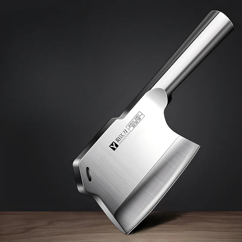 Heavy-duty forged stainless steel bone cutting cleaver with an ergonomic black and silver handle — view 5