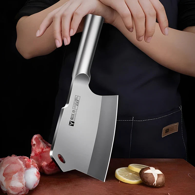 Heavy-duty forged stainless steel bone cutting cleaver with an ergonomic black and silver handle — view 4