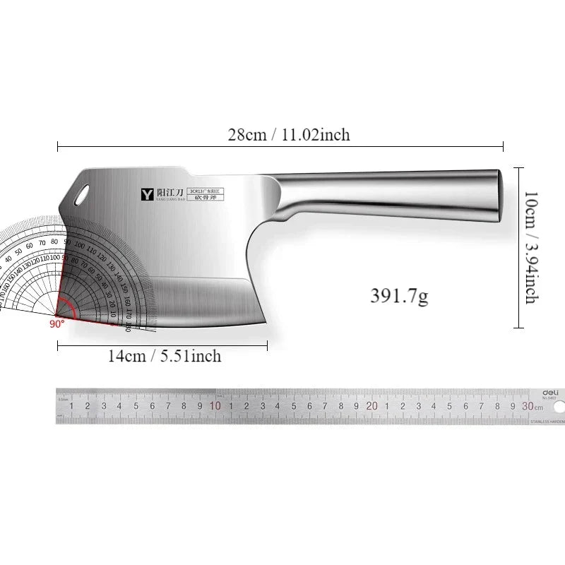 Heavy-duty forged stainless steel bone cutting cleaver with an ergonomic black and silver handle — view 2
