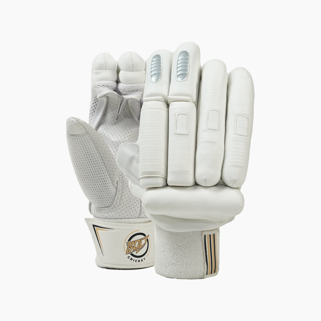 Adult Bolt Specter cricket batting gloves featuring premium leather palms and white foam finger protection — view 2