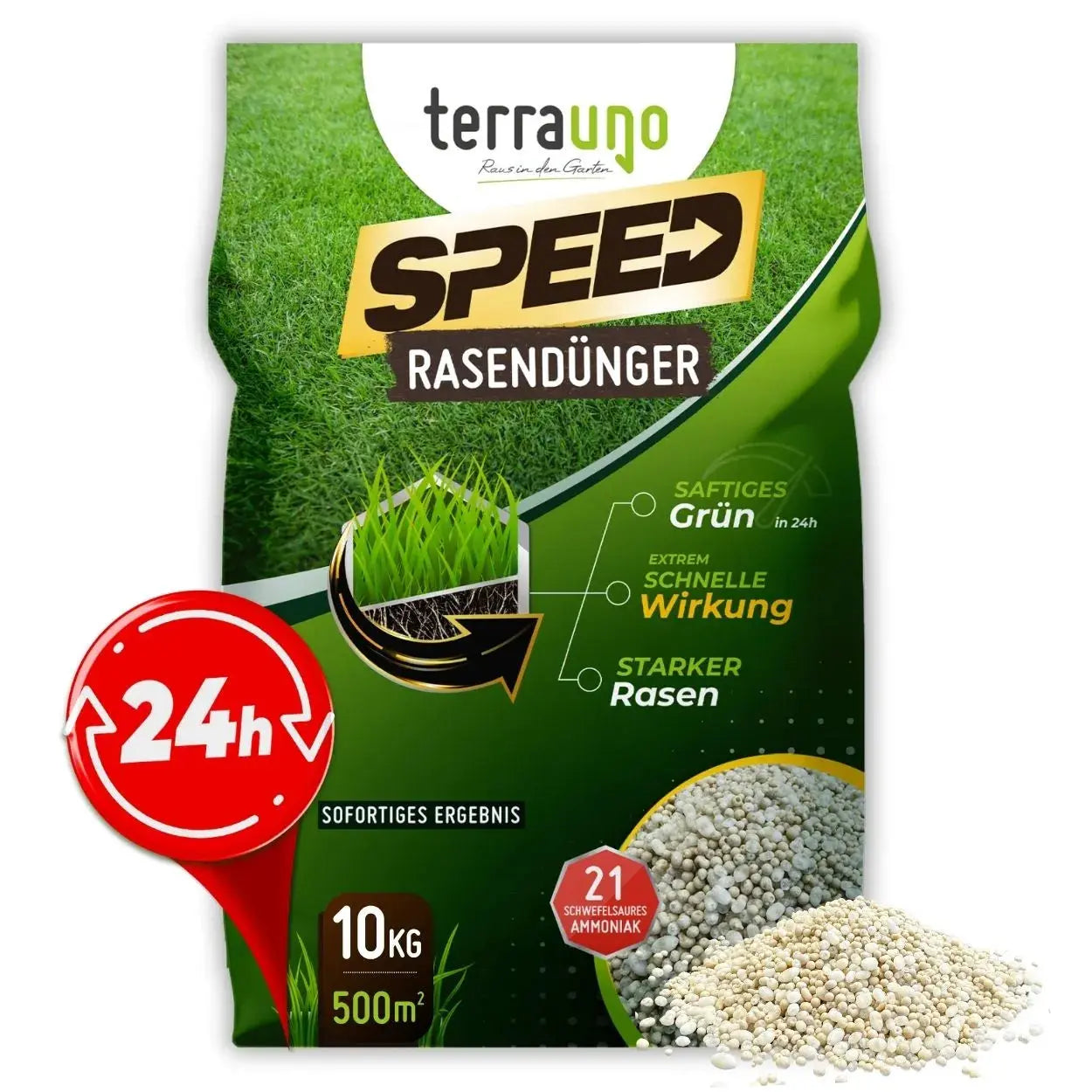 TerraUno Speed SSA21 lawn fertilizer granules in packaging for green grass and soil pH lowering