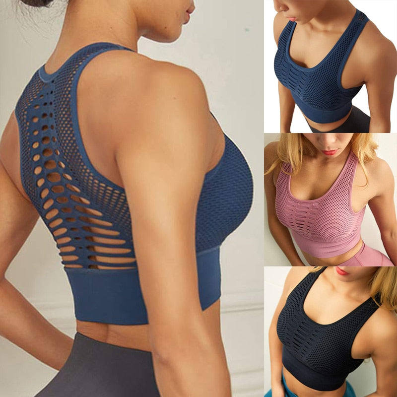 Women's sleeveless yoga sports bra in breathable stretch fabric for fitness and activewear