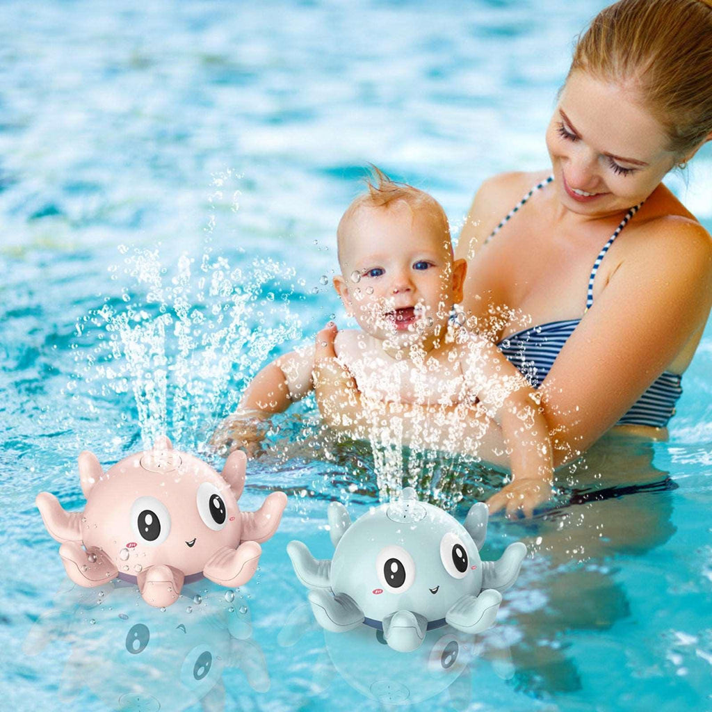 Plastic spray water octopus bath toy with colorful LED lights for toddlers in the tub