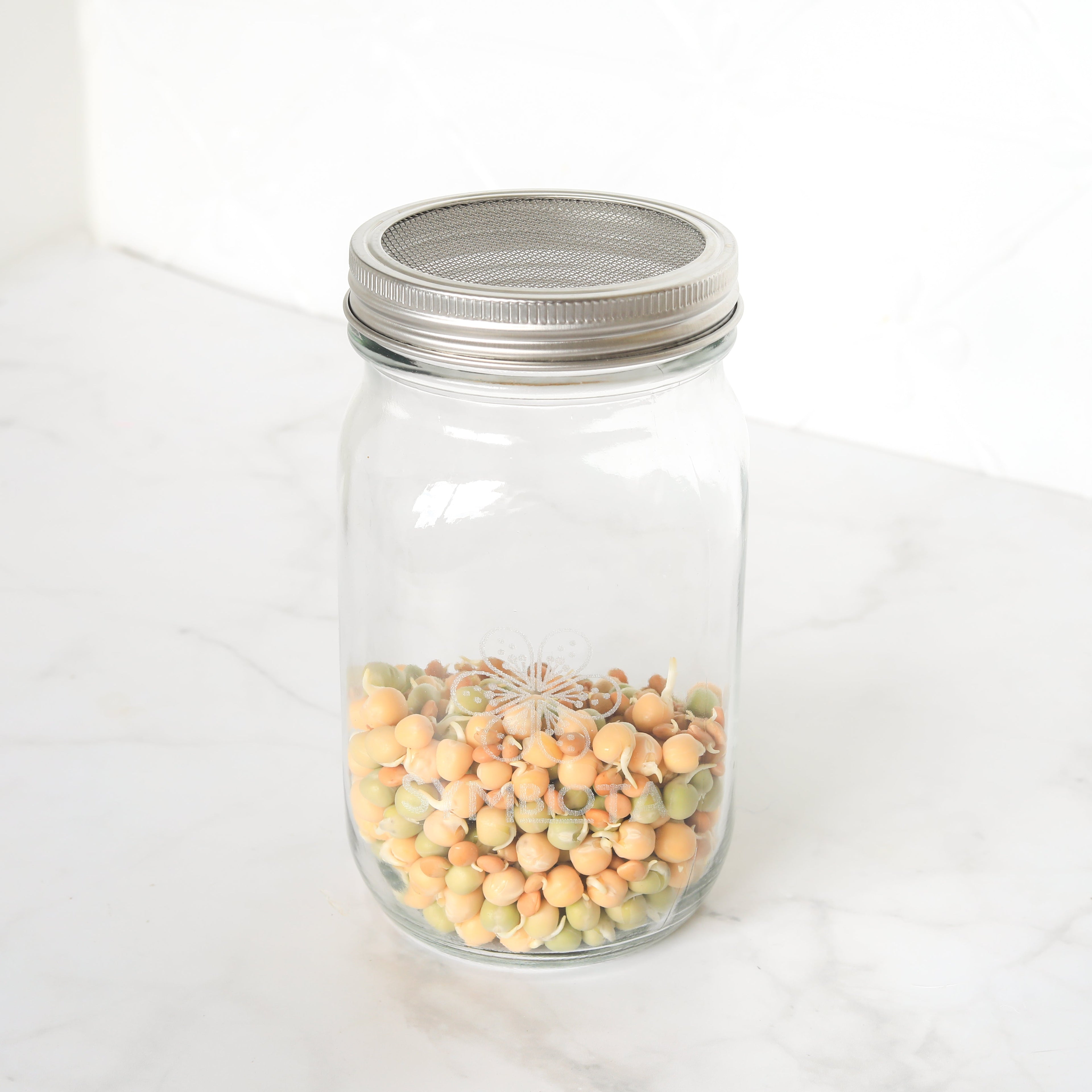 Seed sprouting kit with 1L glass jar, stainless steel screen, and packs of organic sprouting seeds — view 2