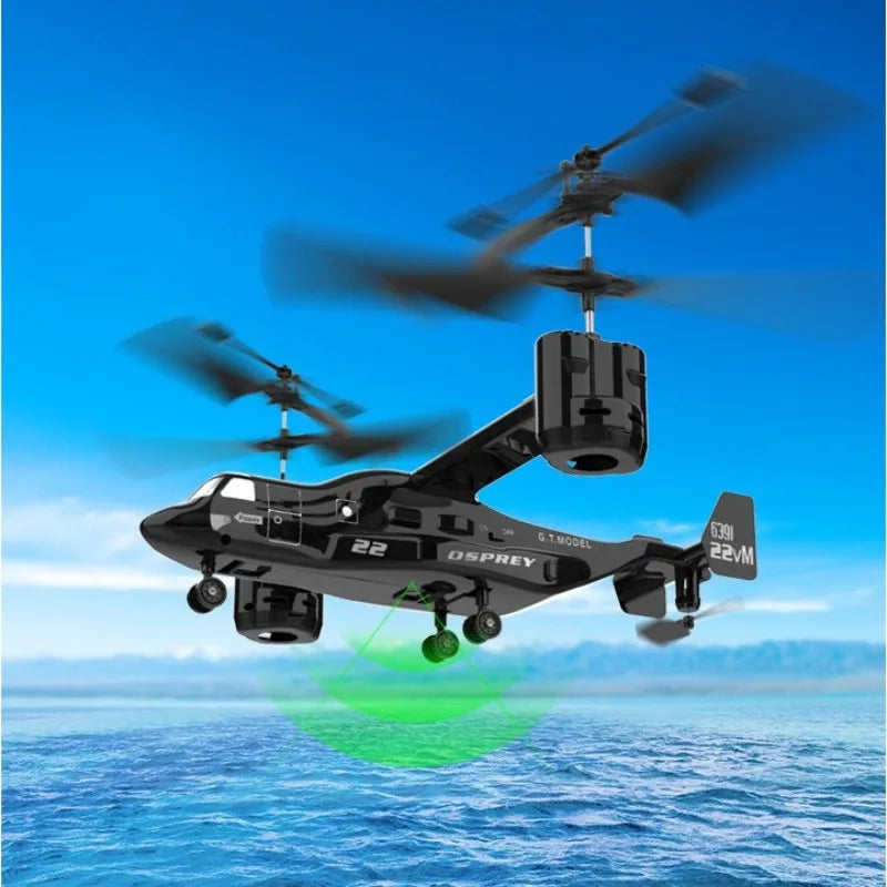 Stabilized 2.4GHz Osprey RC Helicopter with dual blades, remote controller, and bright LED flight lights
