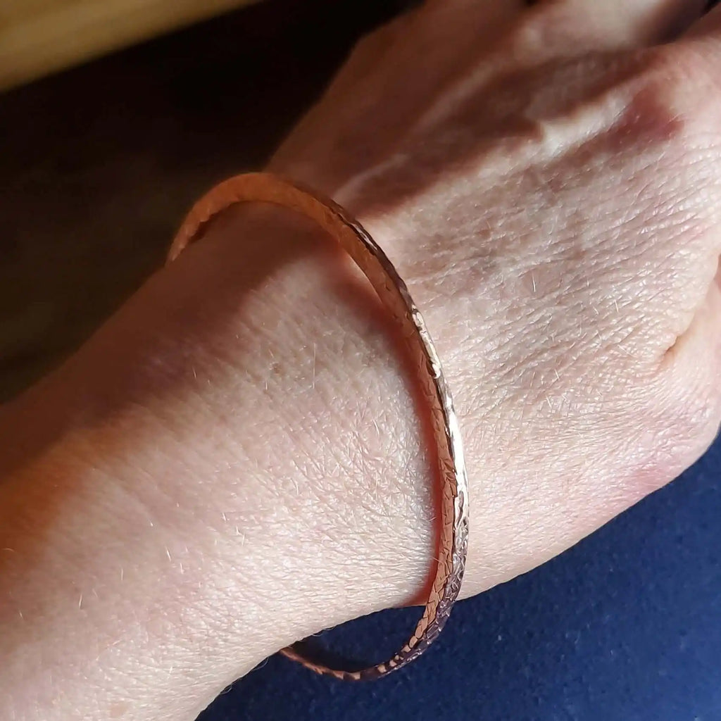 Stackable Copper Hammered Open Double Canted Angle Bangles-1