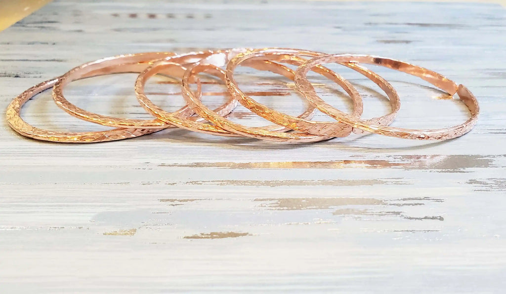 Stackable Copper Hammered Open Double Canted Angle Bangles-3