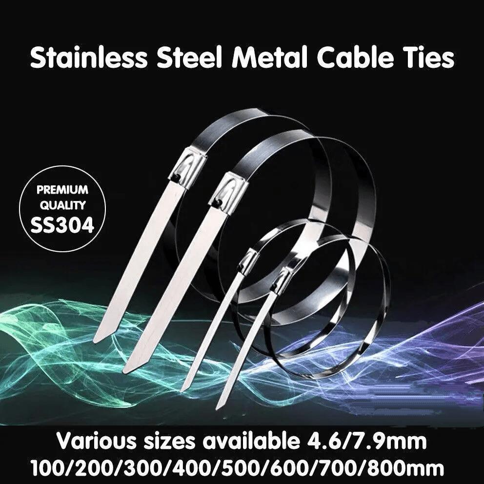 Bundle of marine grade 304 stainless steel cable ties with self locking ball bearing mechanism