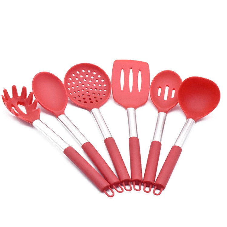 Stainless steel and silicone kitchen utensil set featuring six cooking tools with hanging tail rings