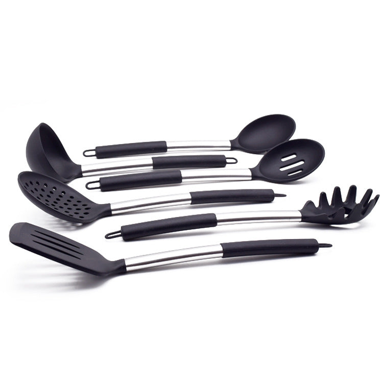 Stainless steel and silicone kitchen utensil set featuring six cooking tools with hanging tail rings — view 2