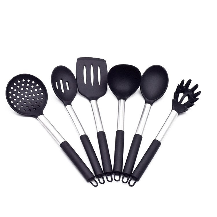 Stainless steel and silicone kitchen utensil set featuring six cooking tools with hanging tail rings — view 3