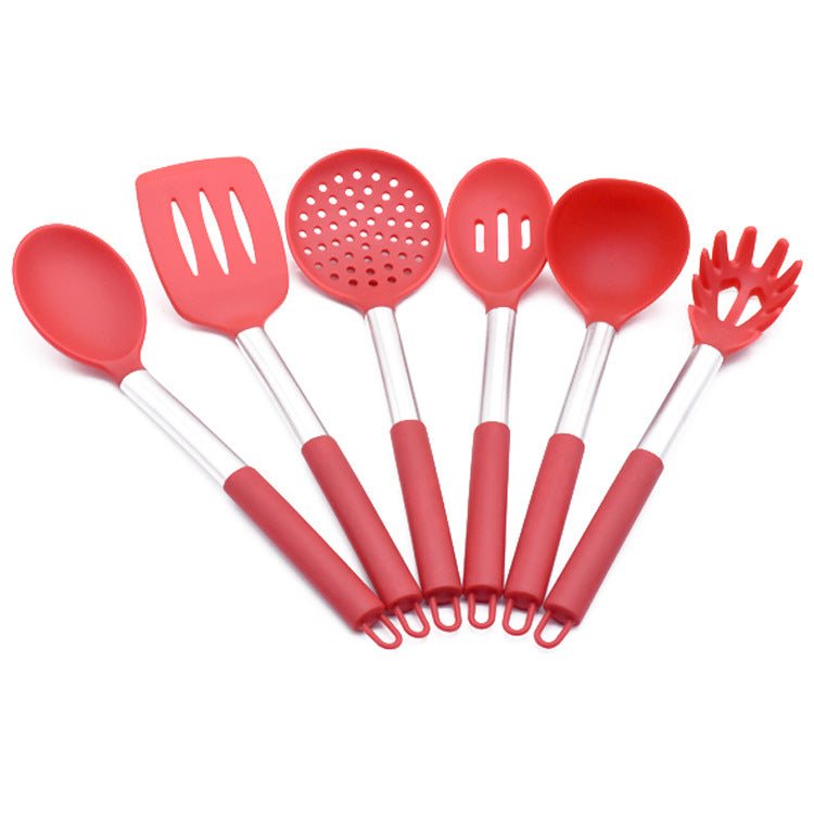 Stainless steel and silicone kitchen utensil set featuring six cooking tools with hanging tail rings — view 4