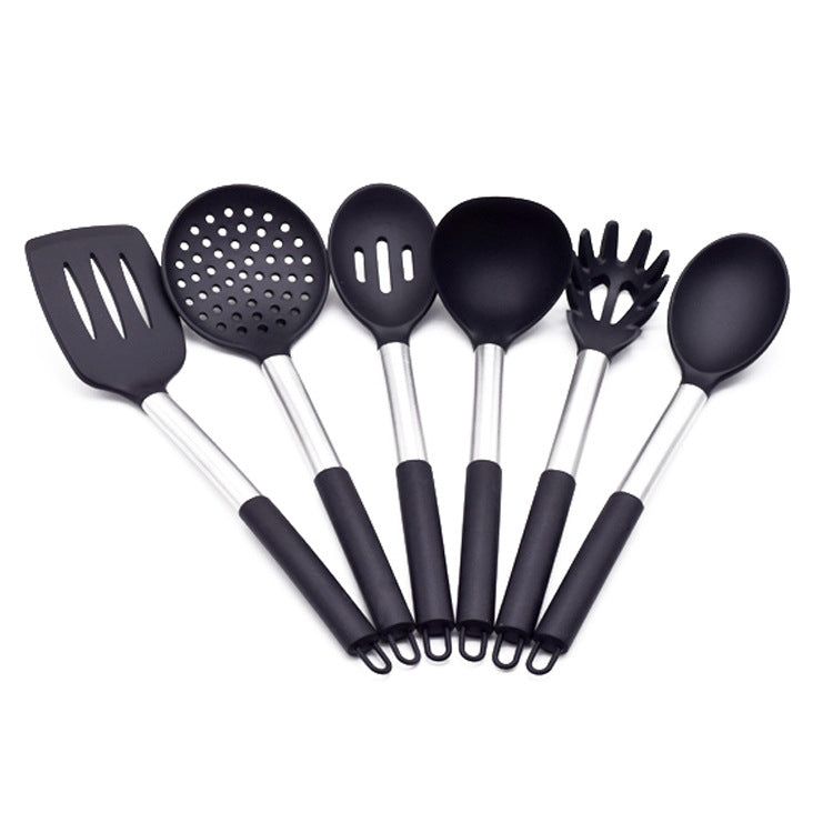 Stainless steel and silicone kitchen utensil set featuring six cooking tools with hanging tail rings — view 5