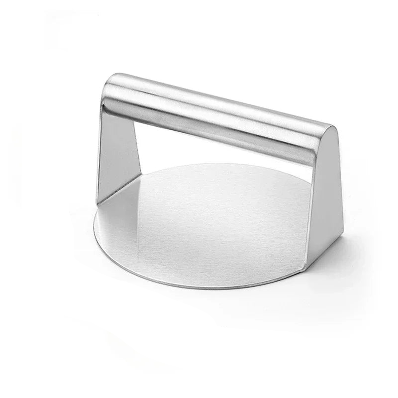 Stainless steel smash burger press with circular heavy duty flat base for perfect grilling