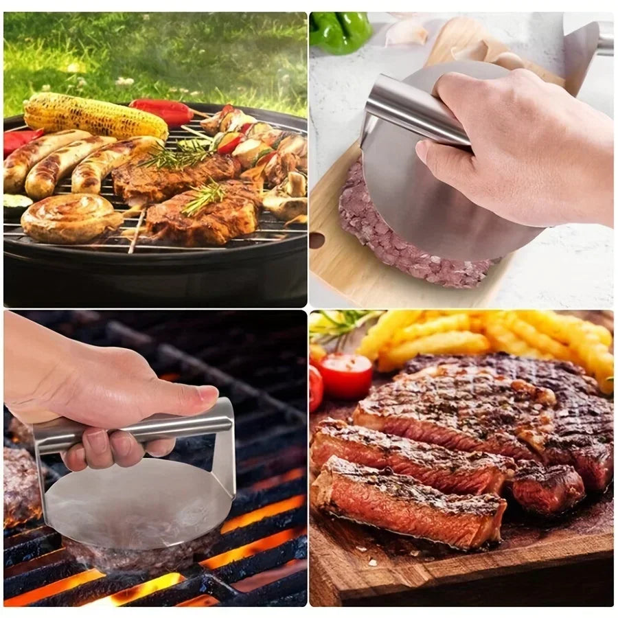 Stainless steel smash burger press with circular heavy duty flat base for perfect grilling — view 3