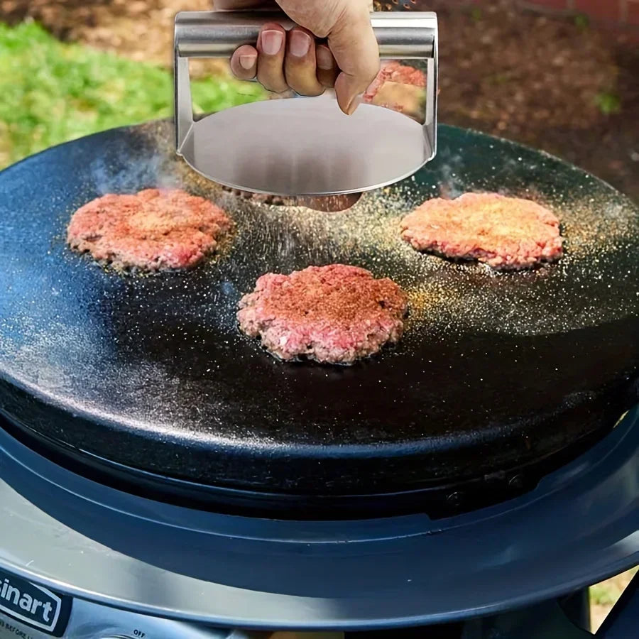 Stainless steel smash burger press with circular heavy duty flat base for perfect grilling — view 4