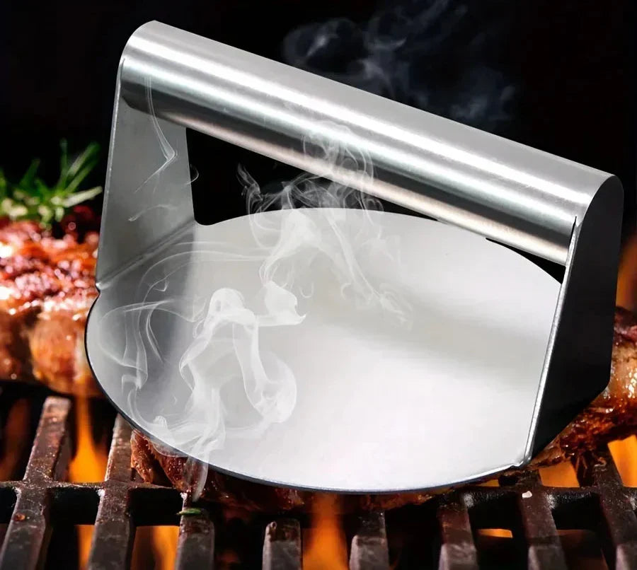 Stainless steel smash burger press with circular heavy duty flat base for perfect grilling — view 2