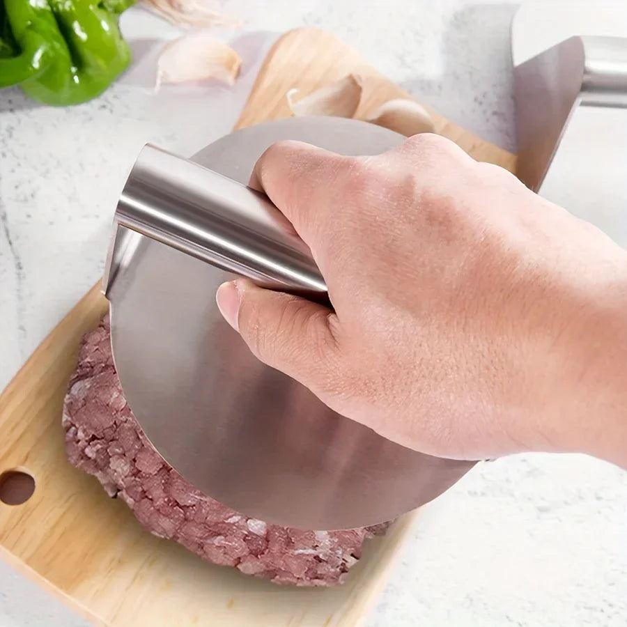 Stainless steel smash burger press with circular heavy duty flat base for perfect grilling — view 5
