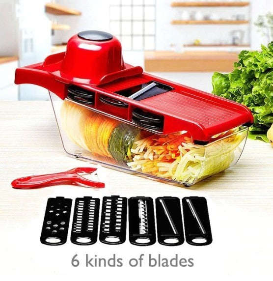 Red stainless steel vegetable slicer featuring six interchangeable blades for efficient kitchen prep
