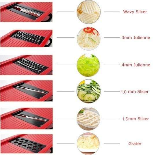 Red stainless steel vegetable slicer featuring six interchangeable blades for efficient kitchen prep — view 3