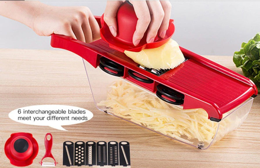 Red stainless steel vegetable slicer featuring six interchangeable blades for efficient kitchen prep — view 4