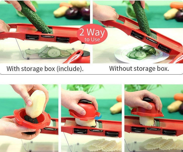 Red stainless steel vegetable slicer featuring six interchangeable blades for efficient kitchen prep — view 5