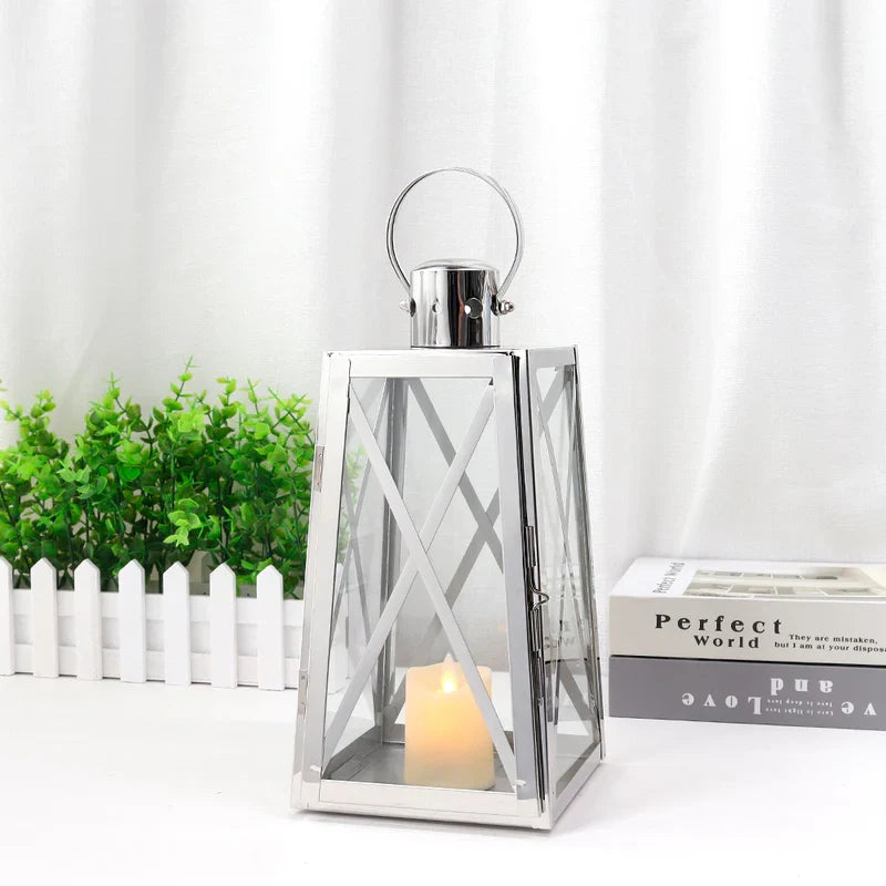 12-inch trapezoid stainless steel decorative candle lantern with tempered glass panels and top handle