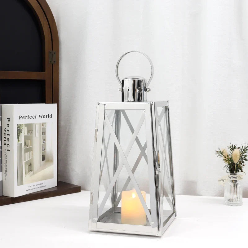 12-inch trapezoid stainless steel decorative candle lantern with tempered glass panels and top handle — view 2