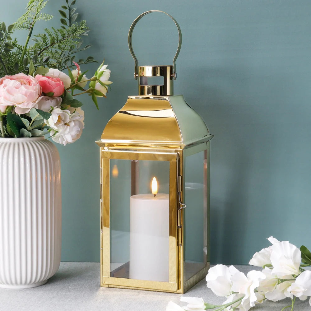 Gold stainless steel 12.5-inch decorative square candle lantern with toughened glass panels and top handle — view 3