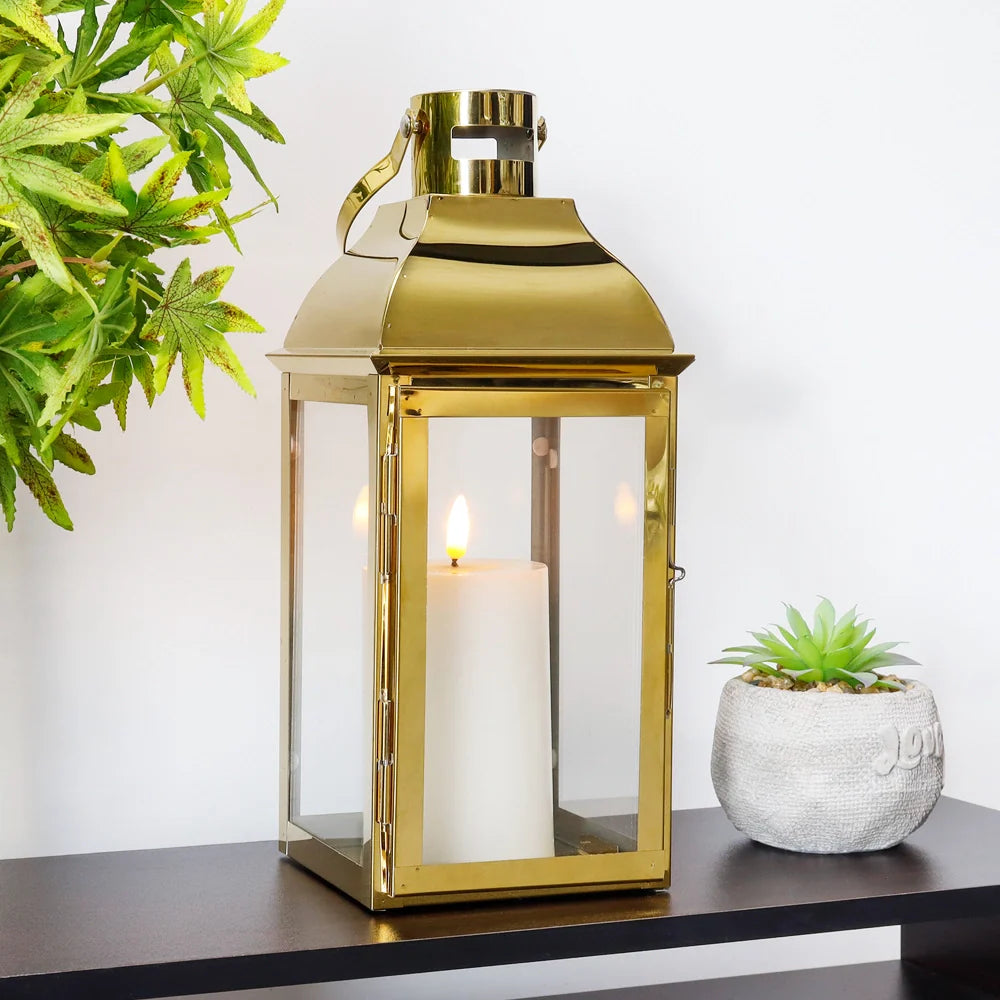 Gold stainless steel 12.5-inch decorative square candle lantern with toughened glass panels and top handle — view 4