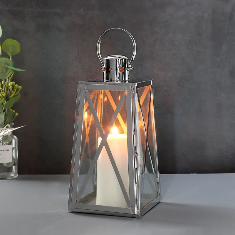 12-inch trapezoid stainless steel decorative candle lantern with tempered glass panels and top handle — view 3