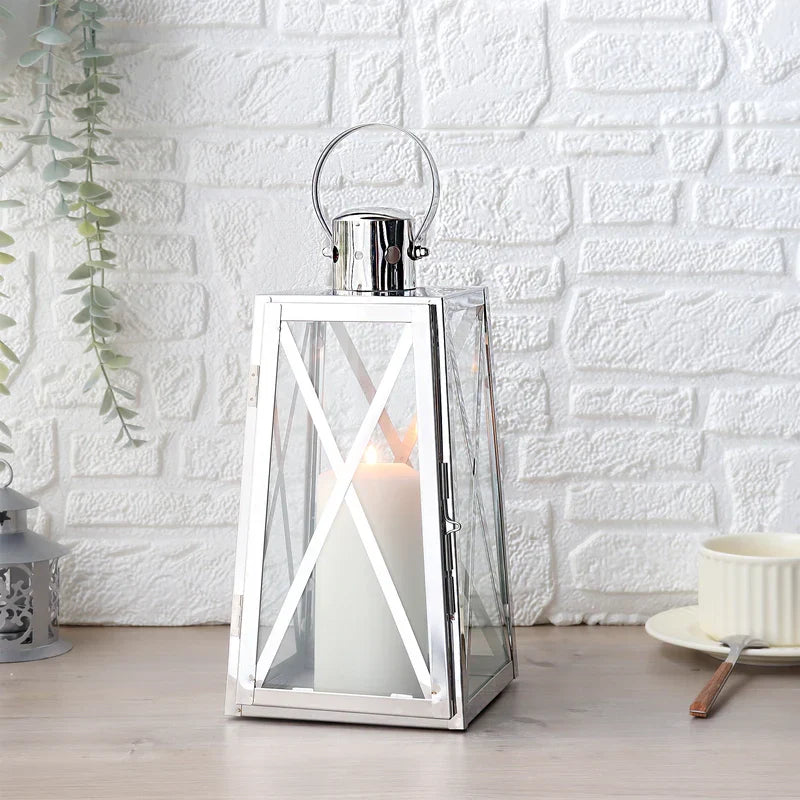 12-inch trapezoid stainless steel decorative candle lantern with tempered glass panels and top handle — view 4