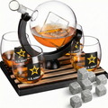 Army globe whiskey decanter set with four matching glasses on a dark mahogany wood base