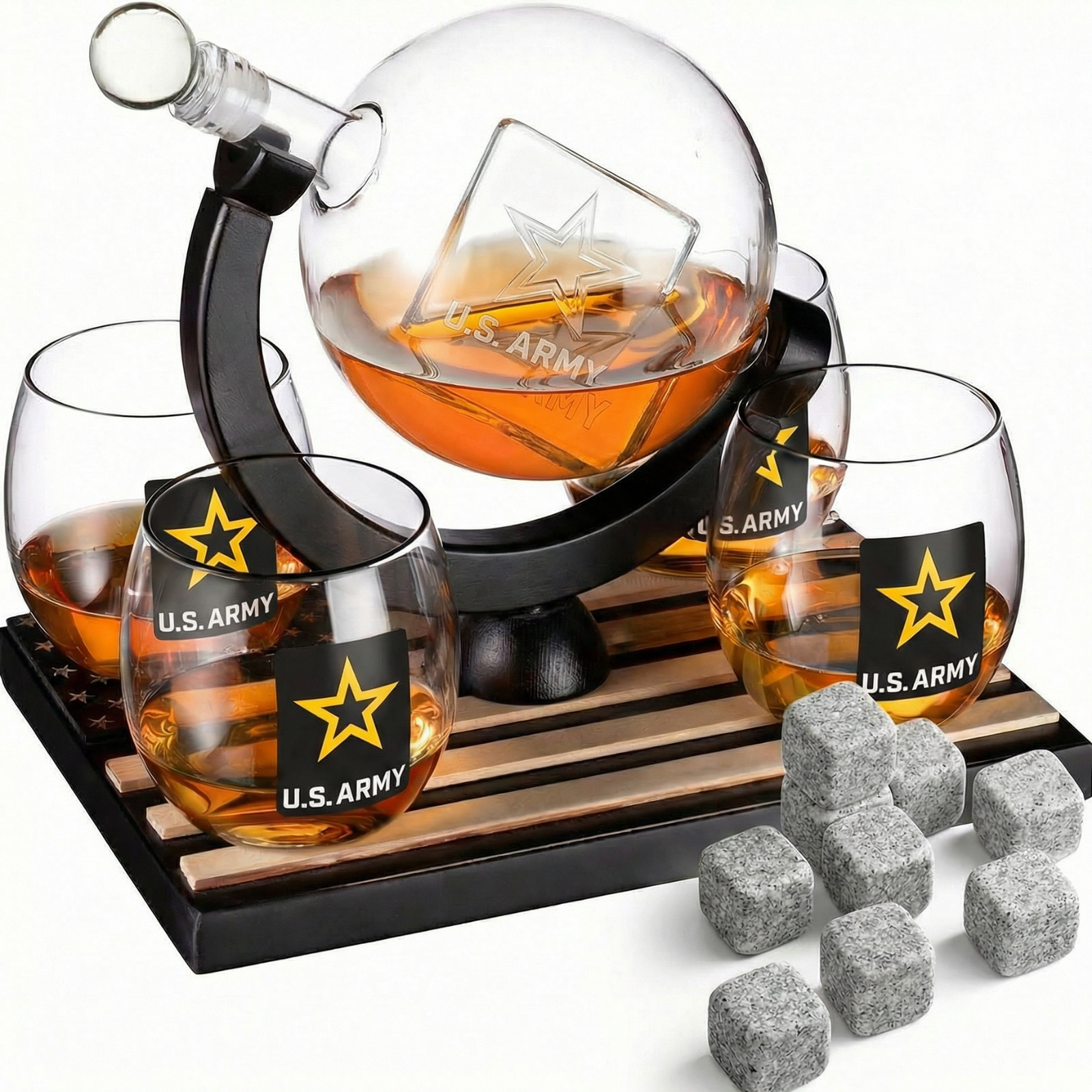 Army globe whiskey decanter set with four matching glasses on a dark mahogany wood base