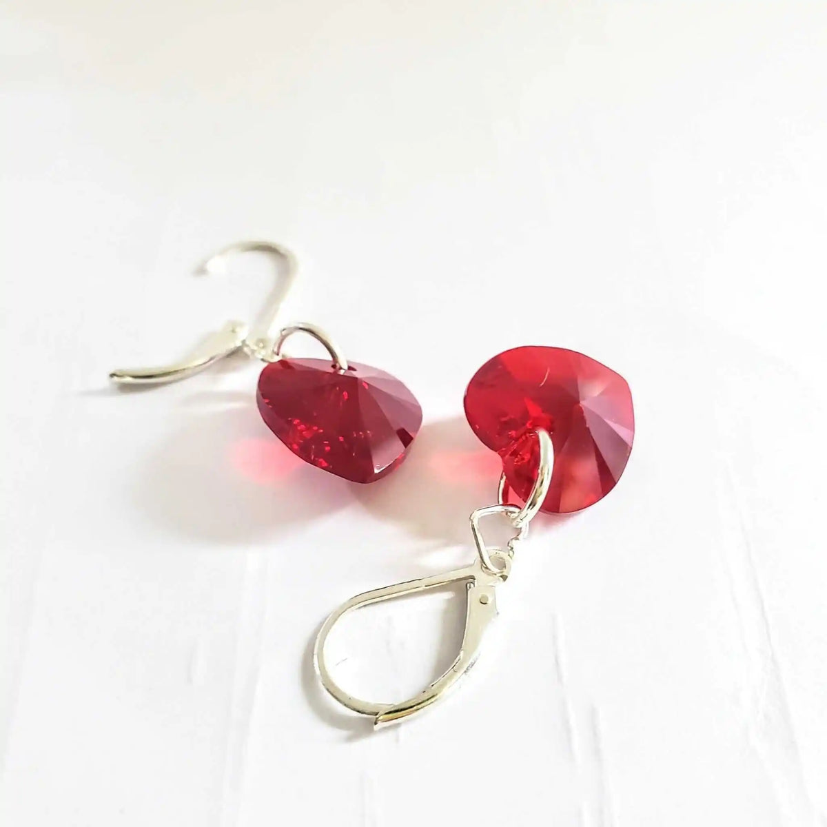 Sterling Silver Red Heart Crystal Earrings-1