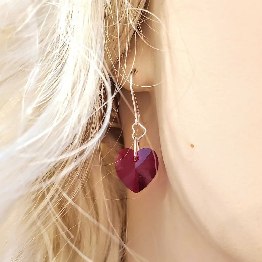 Sterling Silver Red Heart Crystal Earrings-2