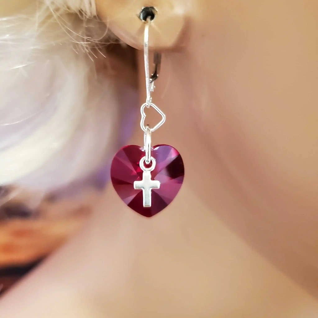 Sterling Silver Red Heart Crystal Earrings-0
