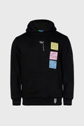 Pullover hoodie featuring customizable removable sticky notes and embroidered loose thread artwork details