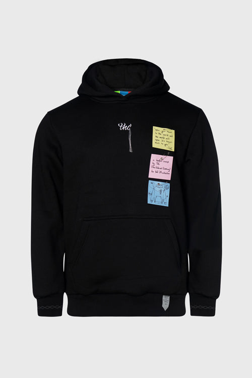 Pullover hoodie featuring customizable removable sticky notes and embroidered loose thread artwork details