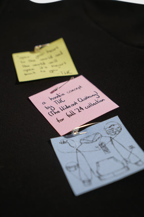 Pullover hoodie featuring customizable removable sticky notes and embroidered loose thread artwork details — view 3