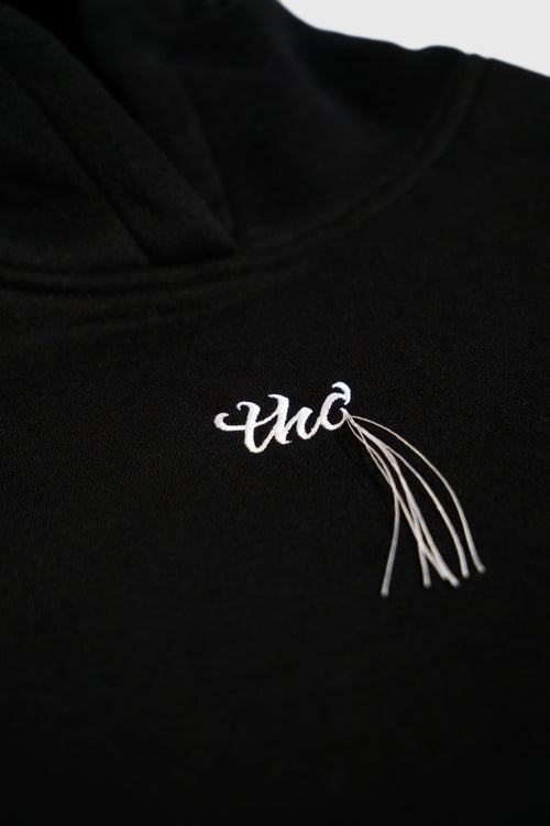 Pullover hoodie featuring customizable removable sticky notes and embroidered loose thread artwork details — view 5