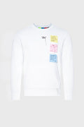 Sticky notes crewneck sweater in poly-cotton blend with custom embroidered artwork and removable details.