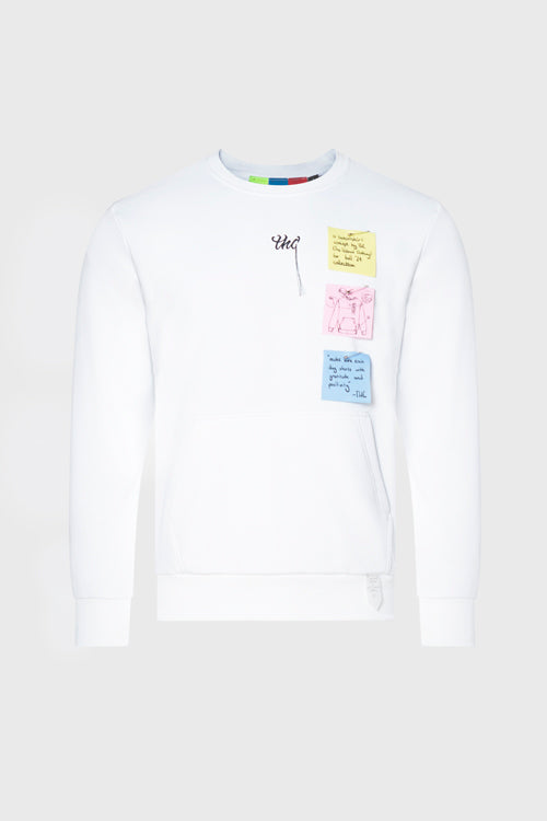 Sticky notes crewneck sweater in poly-cotton blend with custom embroidered artwork and removable details.