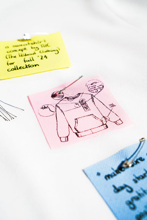 Sticky notes crewneck sweater in poly-cotton blend with custom embroidered artwork and removable details. — view 3