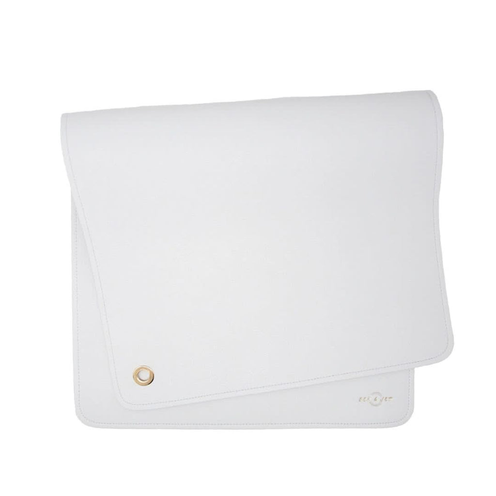 Blue vegan leather baby changing mat laid flat, providing a soft wipeable surface for infants